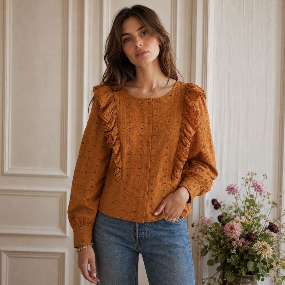 Sezane Embroidered Blouse Saffron Womens Size 38 (US 6) 100% Cotton Boho